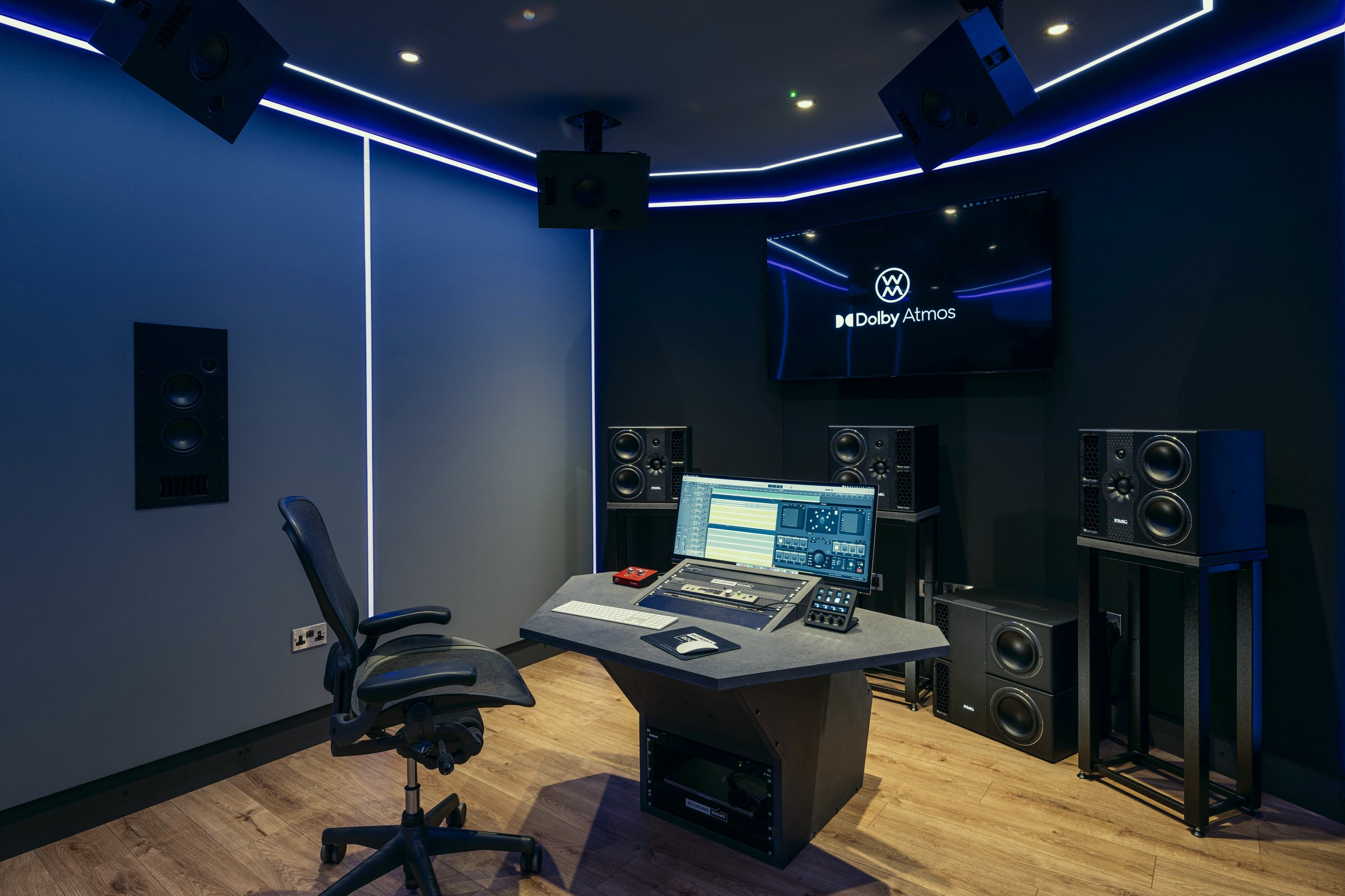 The empty Dolby Atmos mixing room, monitors and console ready